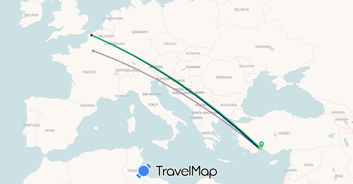 TravelMap itinerary: driving, bus, plane in France, Turkey (Asia, Europe)