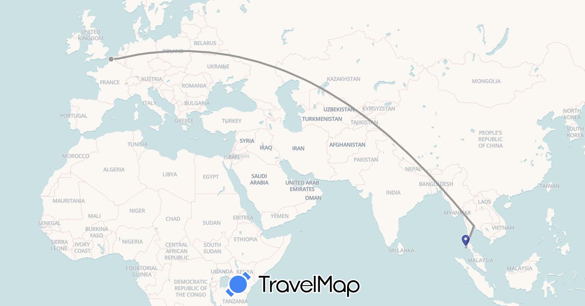 TravelMap itinerary: driving, plane in Belgium, France, Thailand (Asia, Europe)