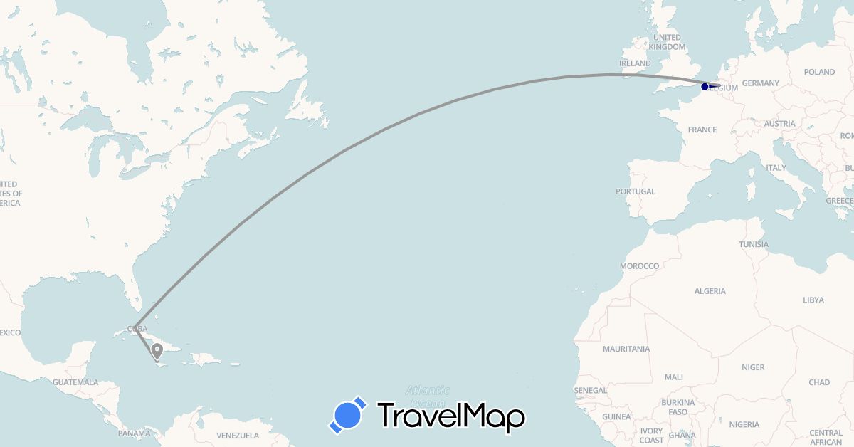 TravelMap itinerary: driving, plane in Belgium, Cuba, France, Jamaica (Europe, North America)